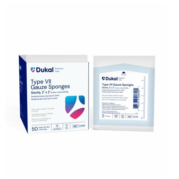 Dukal LLC Caliber 100% Cotton Gauze Type VII Sponge 2x2" 8Pl Strl Pts XRy Dtctbl LwLnt LF, 30 BX/CA - C5119