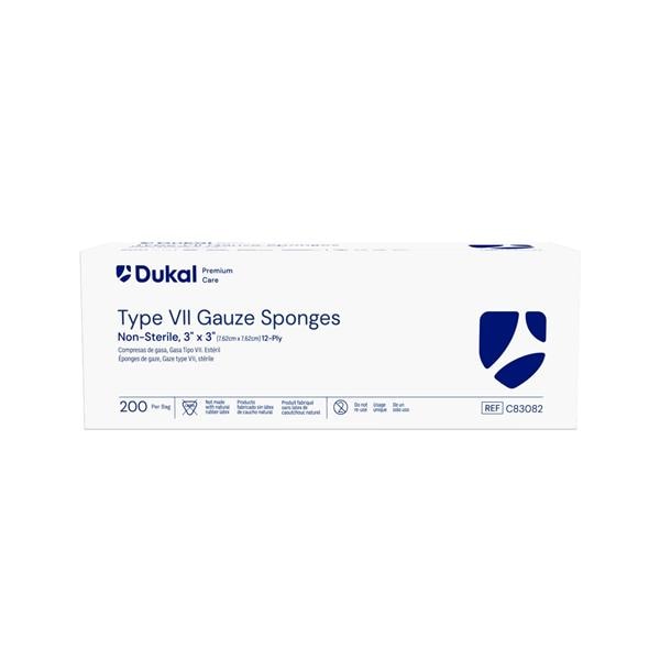 Dukal LLC 100% Cotton Gauze Type VII Sponge 3x3" 12 Ply Non-Sterile Square LF, 20 BG/CA - C83082