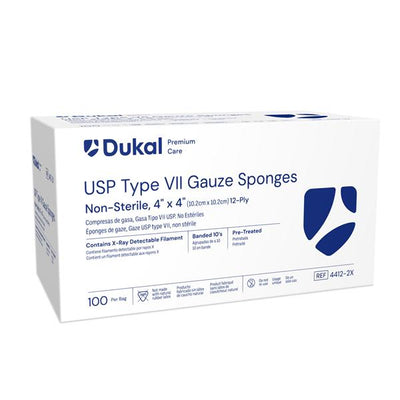 Dukal LLC Cotton Gauze Type VII Dressing 4x4" 12 Ply Non-Sterile X-Ray Detectable, 20 BG/CA - 4412-2X
