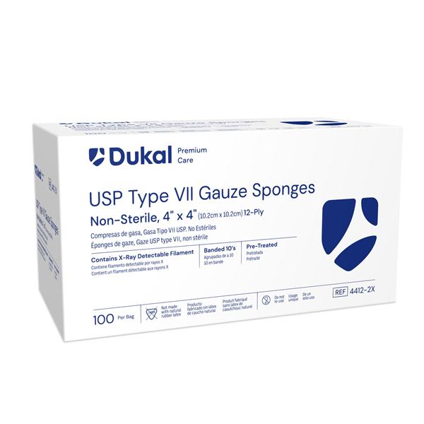 Dukal LLC Cotton Gauze Type VII Dressing 4x4" 12 Ply Non-Sterile X-Ray Detectable, 20 BG/CA - 4412-2X