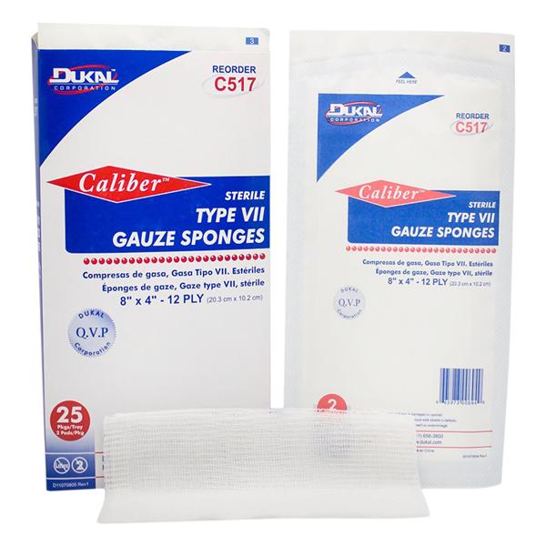 Dukal LLC 100% Cotton Gauze Type VII Sponge 8x4" 12 Ply Sterile LF, 20 BX/CA - C517