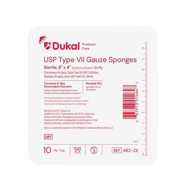 Dukal LLC 100% Cotton Gauze Type VII Sponge 8x4" 12 Ply X-Ray Detectable LF, 48 BG/CA - 482-2X