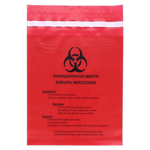 Unimed-Midwest Inc -Biohazardous Waste Bag 2mil 9x10" Red Stick-On Plastic Non-Sterile Disposable 100/Box MRWB142316