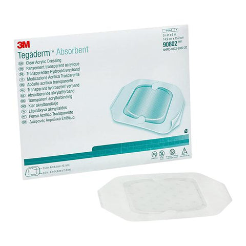 3M Medical Products Tegaderm Acrylic Transparent Dressing 5-7/8x6" Sterile Square Adhs Trans Abs LF, 4 BX/CA - 90802