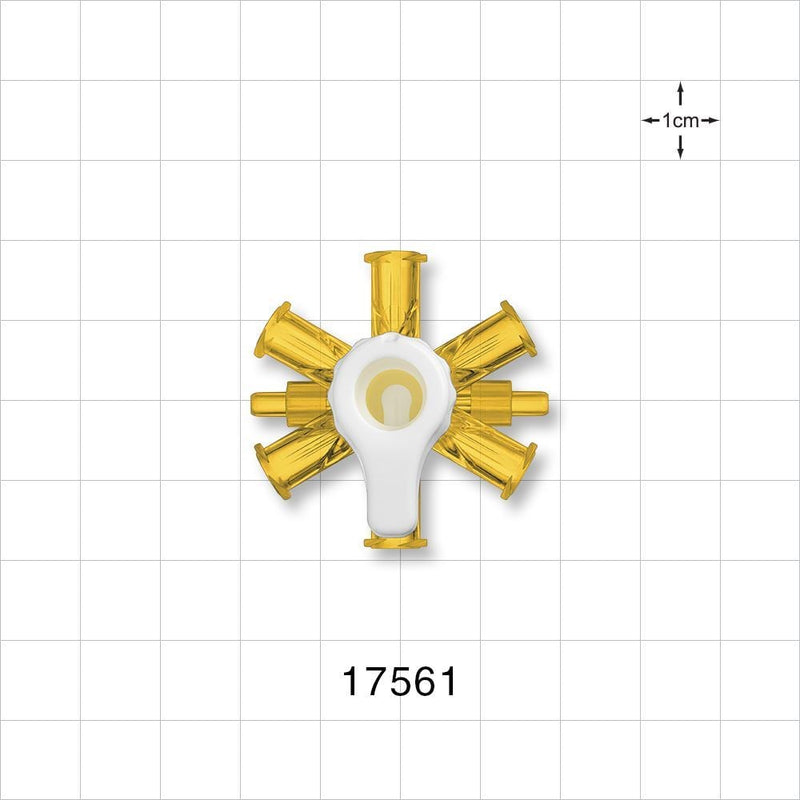 RondelO™ 6-Way Stopcock Manifold with 6 Female Luer Locks, Tubing Ports, Yellow - Fits 0.118 ID x 0.161 inch OD Tubing (3 mm x 4.1 mm); 29 PSI - 17561