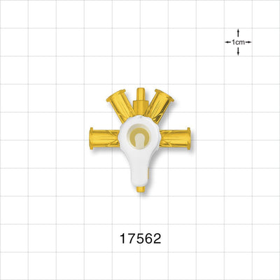 RondelO™ 4-Way Stopcock Manifold with 4 Female Luer Locks, Tubing Ports, Yellow - Fits 0.118 ID x 0.161 inch OD Tubing (3 mm x 4.1 mm); 29 PSI - 17562