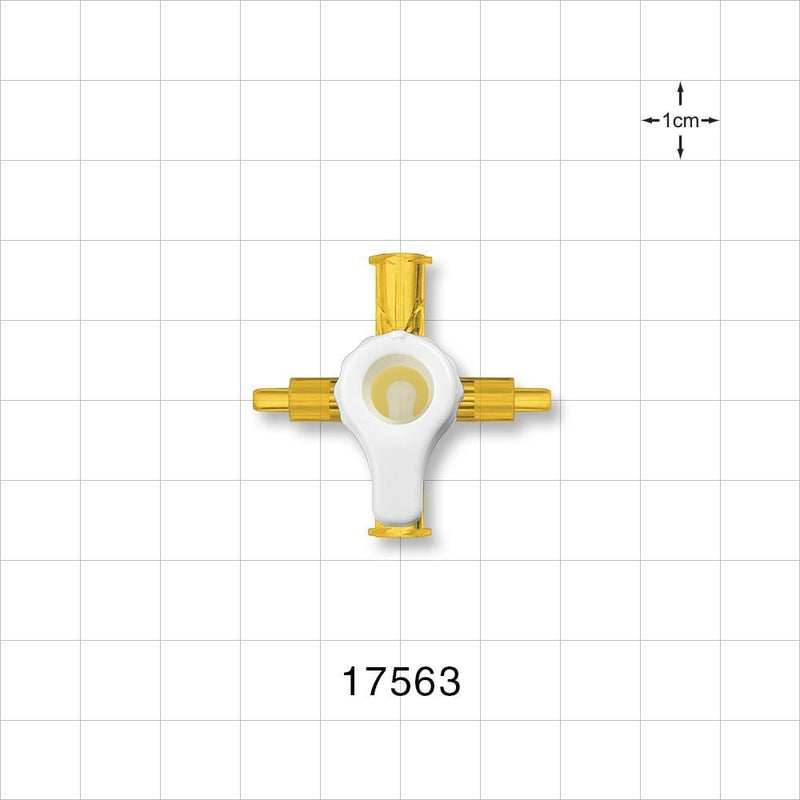 RondelO™ 2-Way Stopcock Manifold with 2 Female Luer Locks, Tubing Ports, Yellow - Fits 0.118 ID x 0.161 inch OD Tubing (3 mm x 4.1 mm); 29 PSI - 17563