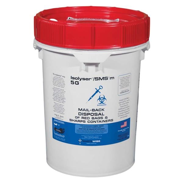 WCM, Inc -Isolyser/SMS m Sharps Mailer System 5gal Red/White 13x13x15" Screw Lid Wide Opening Plastic Attached Handle Stackable Free Standing Non-Sterile Disposable Each SMSm 5g