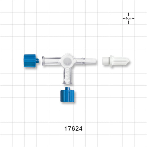 3-Way Stopcock, 2 Female Luer Locks, Male Luer Slip, Vented Female and Non-Vented Male Caps - 0.106 inch Hi-Flow Thru Hole (2.7 mm); 29 psi - 17624