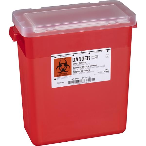 Bemis Healthcare, Inc -Sentinel Sharps Container 3gal Translucent Red 13-7/8x6-7/8x13-1/2" Plastic Molded-In Handles Autoclavable Horizontal Drop Lid 12/Case 303 030