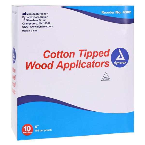 Dynarex Corporation -Cotton Tipped Applicator Highly Absorbent White Cotton Tip White Cotton Tip 6" Wood Shaft Non-Sterile 1000/Box, 10 BX/CA 4302
