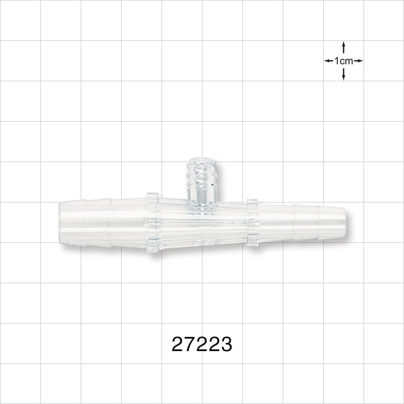 Straight Connector, Reducer, Barbed, Female Luer Lock Side Port, Clear - Fits 3/8 inch x 1/4 inch ID Tubing (0.375 inch x 0.25 inch, 9.53 mm x 6.35 mm) - 27223