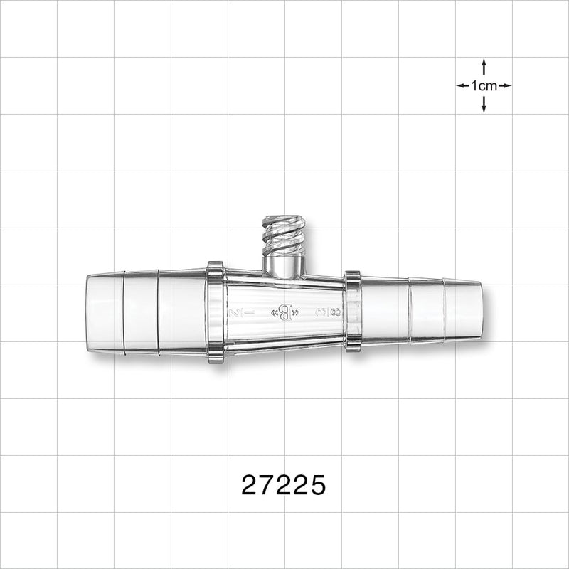 Straight Connector, Reducer, Barbed, Female Luer Lock Side Port, Clear - Fits 1/2 inch x 3/8 inch ID Tubing (0.5 inch x 0.375 inch, 12.7 mm x 9.53 mm) - 27225