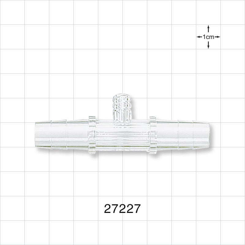 Straight Connector, Barbed, Female Luer Lock Side Port, Clear - Fits 3/8 inch ID Tubing (0.375 inch, 9.53 mm) - 27227