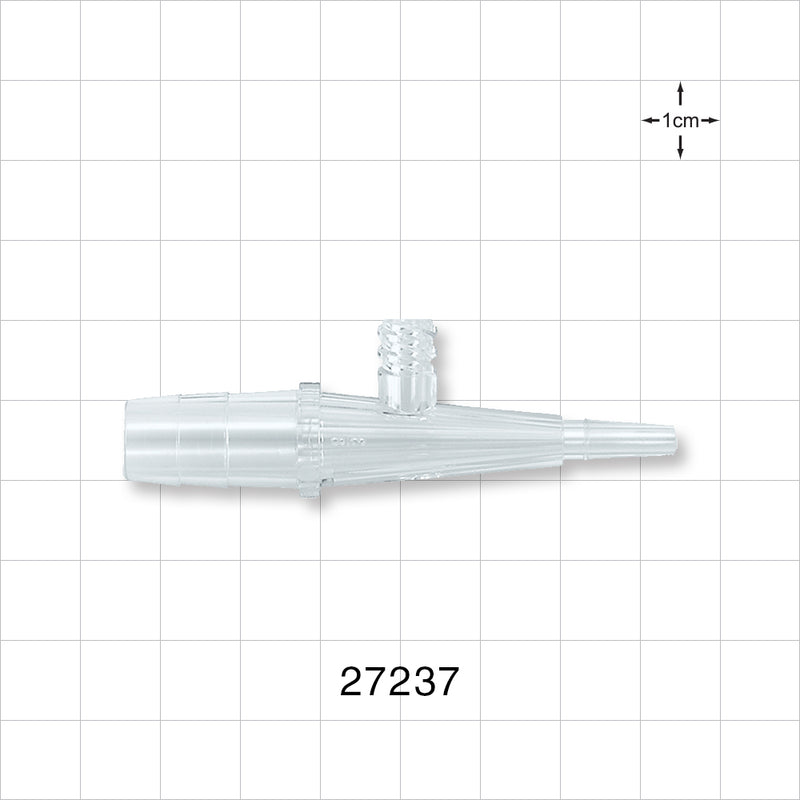 Straight Connector, Reducer, Barbed, Male Luer Slip, Female Luer Lock Side Port, Clear - Fits 3/8 inch ID Tubing (0.375 inch, 9.53 mm) - 27237