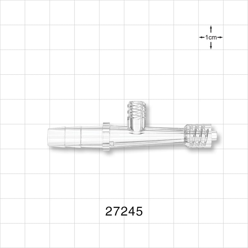 Straight Connector, Reducer, Barbed, Male Luer Lock, Female Luer Lock Side Port, Clear - Fits 1/4 inch ID Tubing (0.25 inch, 6.35 mm) - 27245