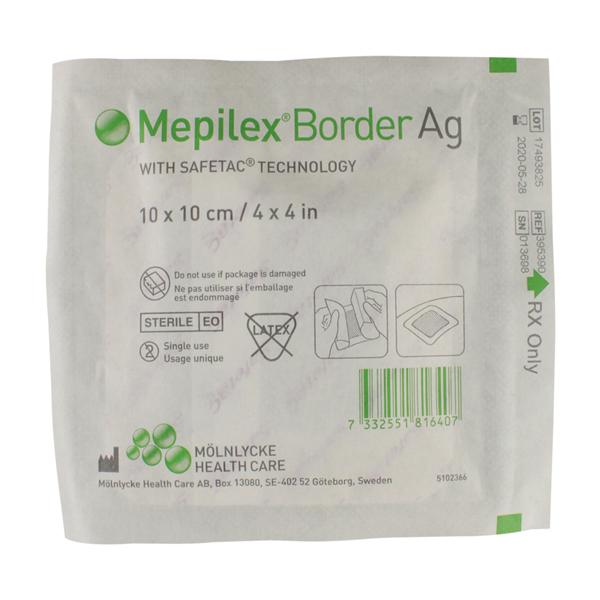 Molnlycke Healthcare Mepilex Border Ag Foam Dressing 4x4" Adhesive Adherent LF, 10 BX/CA - 395390