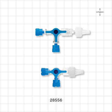 3-Way Stopcock, 2 FLL, Swivel MLL with Vented Female Push-On Cap and 2 Non-Vented MLL Caps - 116 psi - 28556