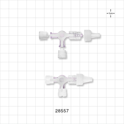 3-Way Stopcock, 2 FLL, Swivel MLL with Vented Female Push-On Cap and 2 Non-Vented MLL Caps - 116 psi - 28557