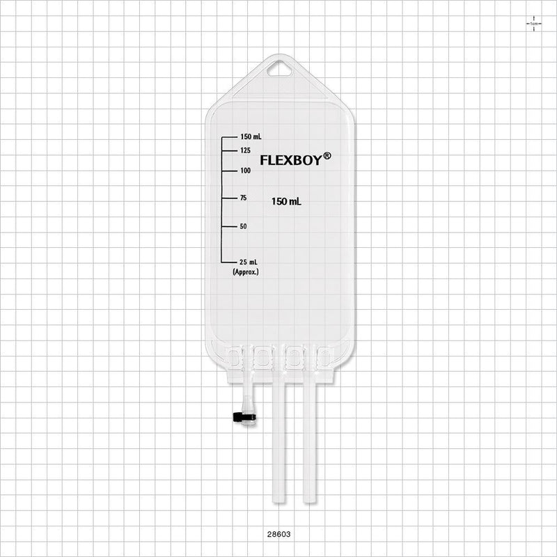 Flexboy 2D Bag Chamber, 2 Tube Ports, Non-Sterile - 150 ml; 2 Tubes 1/4 inch ID x 5/16 inch OD; 1 Tube 3/16 inch ID x 1/4 inch OD Plugged Port - 28603