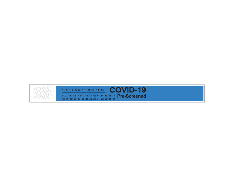 PDC Short Stay® Alert Bands® Tyvek® "COVID-19 Pre-screened" Pre-printed, 1" x 10" Adult/Pediatric Blue, 1000 per Box | 3050P-13-PDR