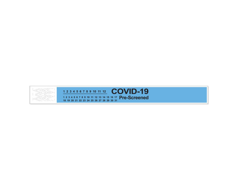 PDC Short Stay® Alert Bands® Tyvek® "COVID-19 Pre-screened" Pre-printed, 1" x 10" Adult/Pediatric Light Blue, 1000 per Box | 3050P-18-PDR