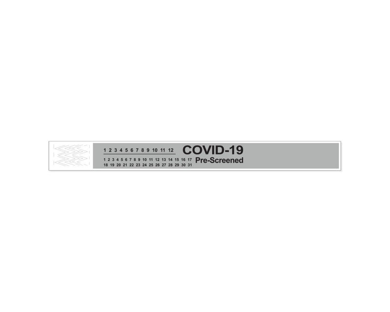PDC Short Stay® Alert Bands® Tyvek® "COVID-19 Pre-screened" Pre-printed, 1" x 10" Adult/Pediatric Gray, 1000 per Box |  3050P-26-PDR