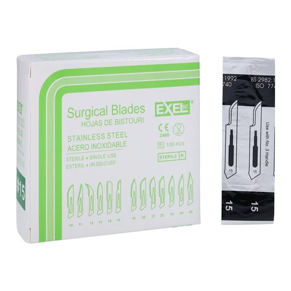 Exel International Inc Exel Stainless Steel Sterile Surgical Blade #15 Disposable 100/Bx. - 29508