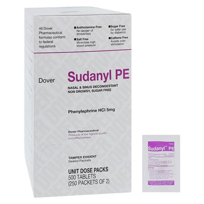 Medique Products Sudanyl PE Nasal Decongestant Tablets Sugar/Salt/Caffeine/Anithistamine Free 5mg Unit Dose Packet 250x2/Box - 2125323