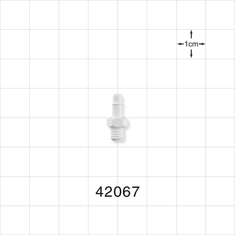 Threaded Connector, Barbed, White - Fits 1/8 inch ID Tubing (0.125 inch, 3.18 mm) Tapered 10-32 UNF - 42067