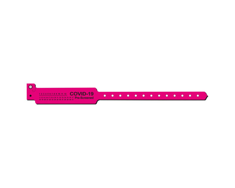 PDC Sentry® Alert Bands® Poly "COVID-19 Pre-Screened" Pre-Printed, State Standardization 1" x 11-1/2" Adult Cranberry, 500 per Box | 5055P-25-PDM