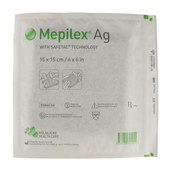Molnlycke Healthcare Mepilex Ag Polyurethane Foam Dressing 6x6" Sterile Mildly Adhesive Gntl Adh LF, 5 BX/CA - 287300