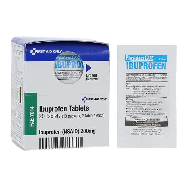 Acme United Corporation Ibuprofen NSAID Tablets 200mg Packets 10/Box, 24 BX/CA - FAE-7014