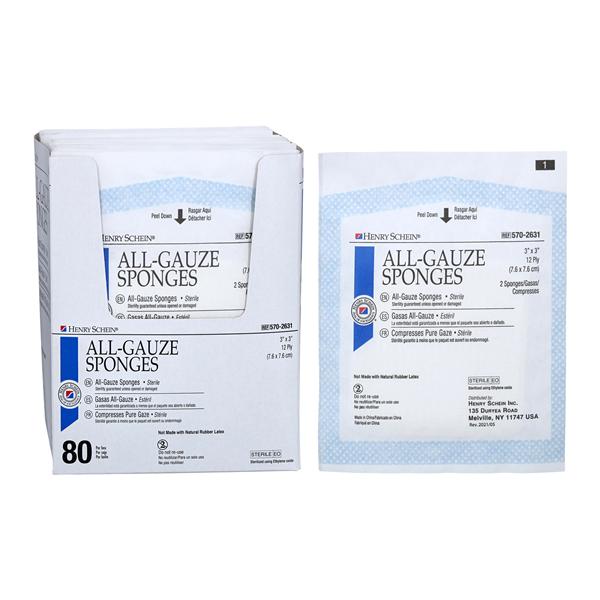 Henry Schein Inc. Henry Schein Premium 100% Cotton All-Gauze Sponge 3x3" 12 Ply Sterile Square LF, 30 BX/CA - 5702631