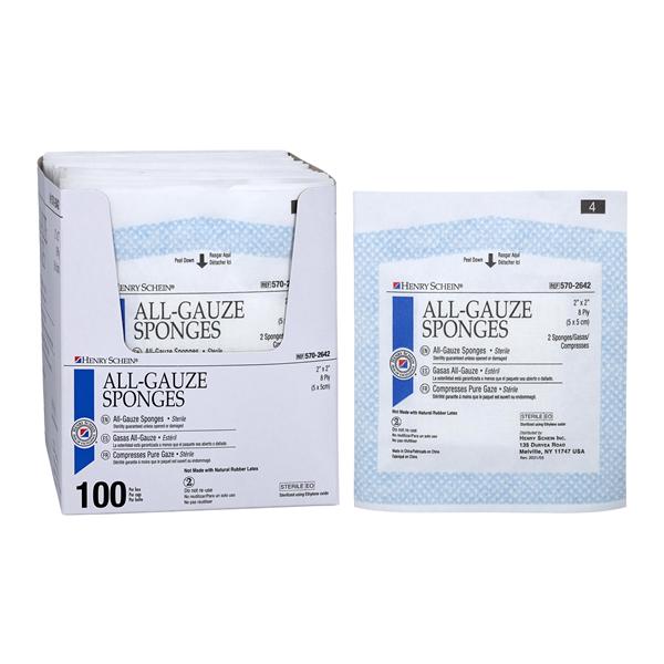 Henry Schein Inc. Henry Schein Premium 100% Cotton All-Gauze Sponge 2x2" 8 Ply Sterile Square LF, 30 BX/CA - 5702642