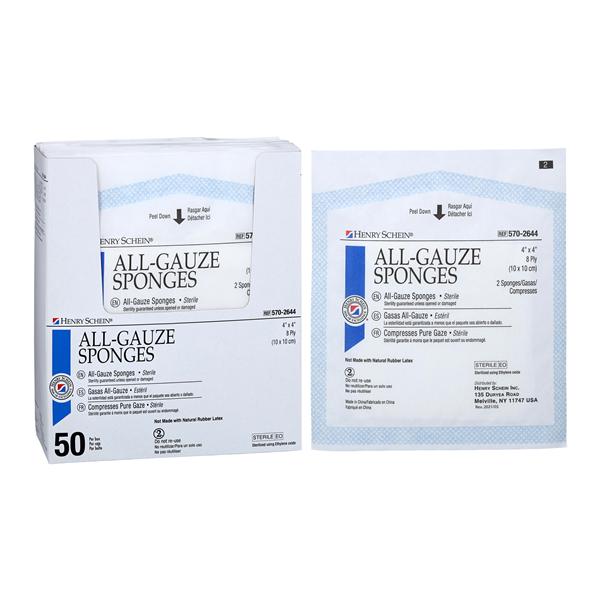 Henry Schein Inc. Henry Schein Premium 100% Cotton All-Gauze Sponge 4x4" 8 Ply Sterile Square LF, 24 BX/CA - 5702644
