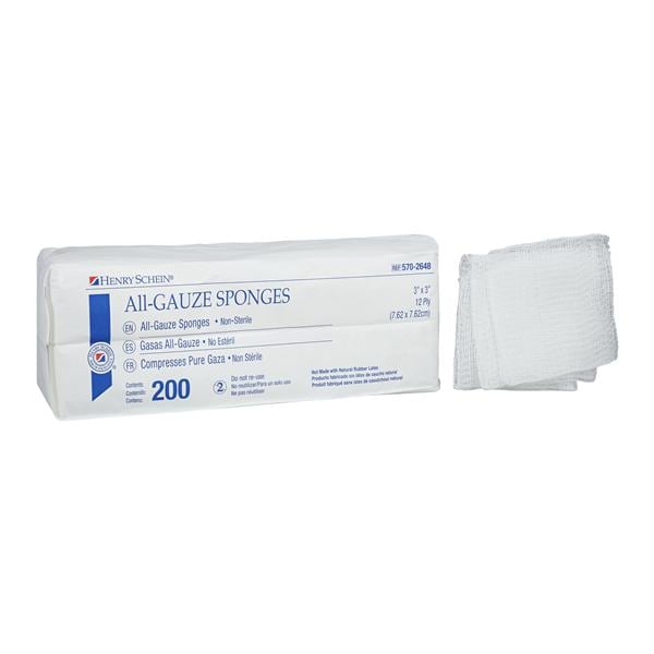 Henry Schein Inc. 100% Cotton All-Gauze Sponge 3x3" 12 Ply Non-Sterile Square LF, 20 PK/CA - 5702648