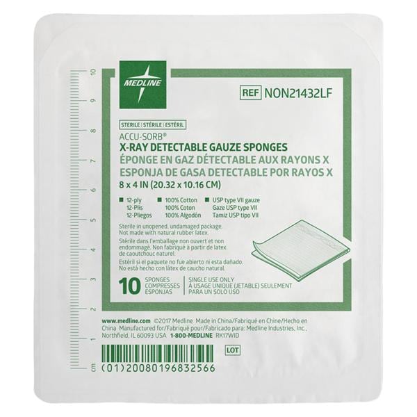 Medline Industries Inc Cotton Gauze Sponge 8x4" 12 Ply Sterile X-Ray Detectable LF - NON21432LF