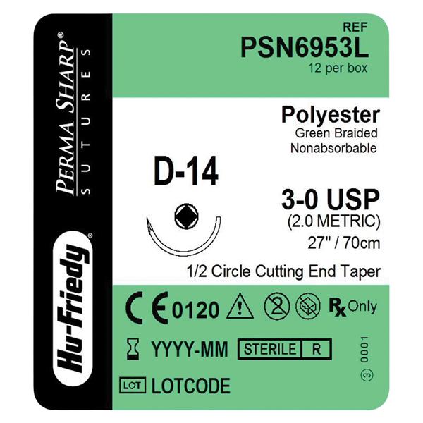 Hu-Friedy Perma Sharp Suture 3-0 27" Polyester Braid D-14 Green 12/Bx - PSN6953L