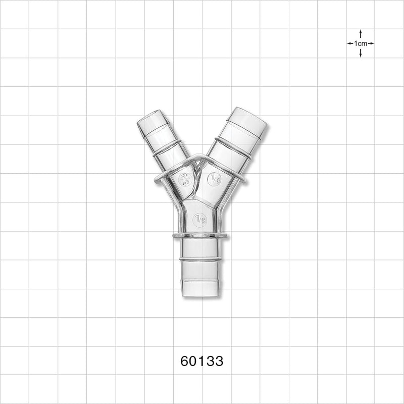 Y Connector, Reducer, Barbed, Clear - Fits 3/8 inch ID Tubing (0.375 inch, 9.53 mm); Fits 1/2 inch ID Tubing (0.5 inch, 12.7 mm) - 60133