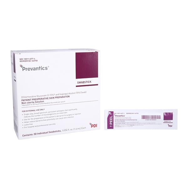 PDI Professional Disposables Prevantics Surgical Prep Swabstick CHG 3.15%/Isopropyl Alcohol 70% 1s 1.6mL 4.75, 10 BX/CA - S40750