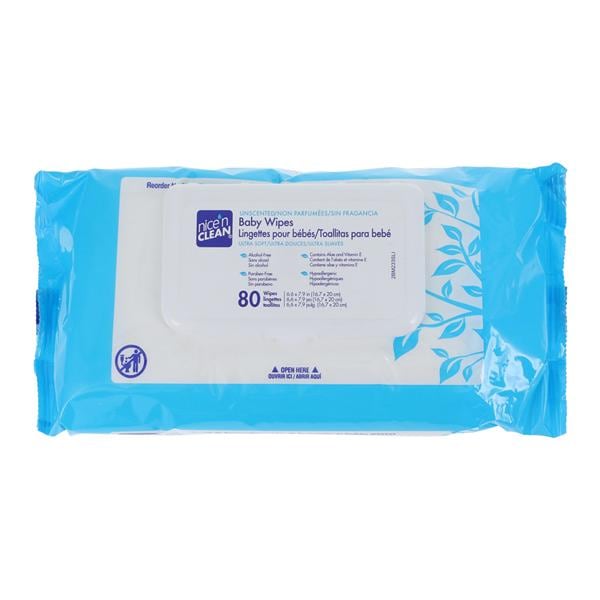 PDI Professional Disposables Nice N Clean Baby Wipes Alcohol/Paraben Free White Aloe/Vitamin E/Chamomile Disposable Unscented 7.9x6.6" 80/Box, 12 BX/CA - M233XT