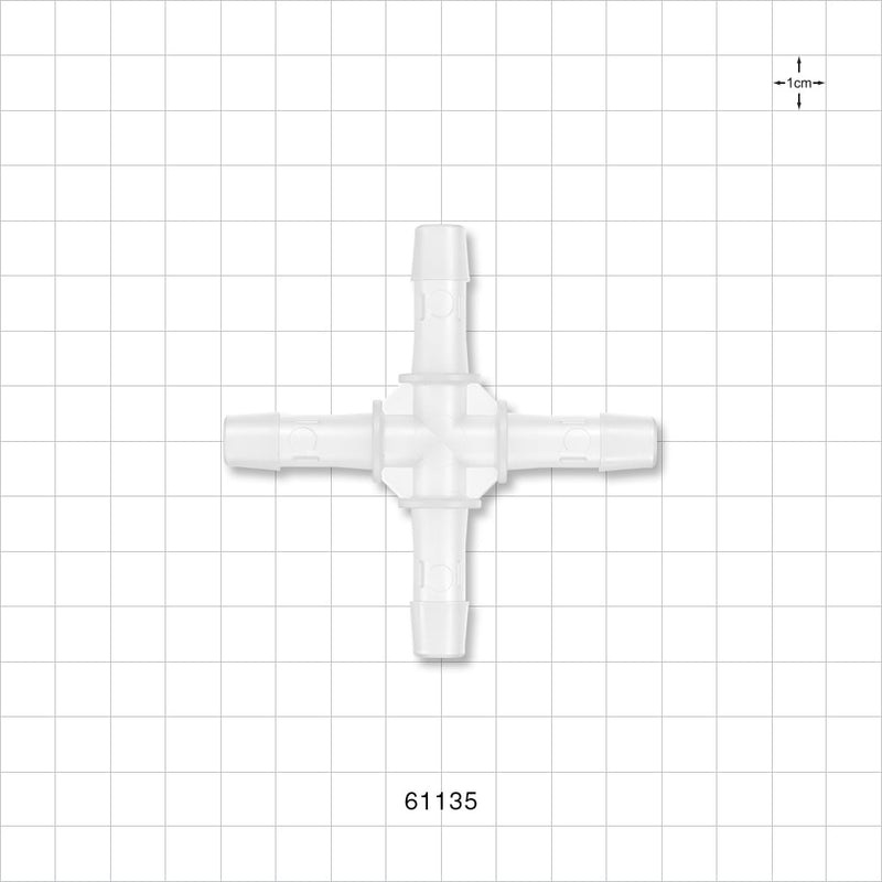 Cross Connector, Barbed - Fits 3/8 inch ID Tubing (0.375 inch, 9.53 mm) - 61135