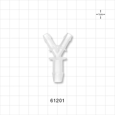 Y Connector, Reducer, Barbed, Natural - Fits 1/4 inch ID Tubing (0.25 inch, 6.35 mm); Fits 3/8 inch (0.375 inch, x 9.53 mm) - 61201
