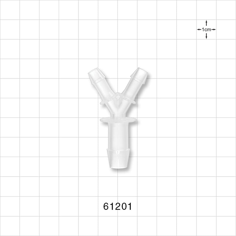 Y Connector, Reducer, Barbed, Natural - Fits 1/4 inch ID Tubing (0.25 inch, 6.35 mm); Fits 3/8 inch (0.375 inch, x 9.53 mm) - 61201