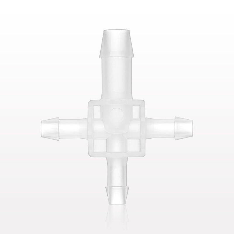 Cross Connector, Barbed - Fits 3/8 inch ID x 1/4 inch ID x 1/4 inch ID  x 1/4 inch ID Tubing (0.375 inch x 0.25 inch x 0.25 inch x 0.25 inch, 9.53 mm x 6.35 mm x 6.35 mm x 6.35 mm) - 61202