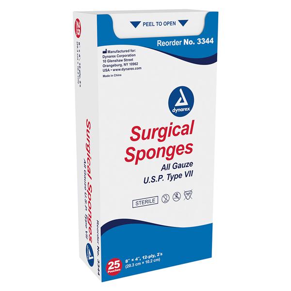 Dynarex Corporation 100% Cotton Surgical Gauze Sponge 4x4" 8 Ply Sterile LF, 24 BX/CA - 3342