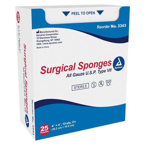 Dynarex Corporation 100% Cotton Surgical Gauze Sponge 4x4" 12 Ply Sterile LF, 24 BX/CA - 3343