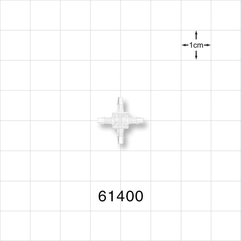 Cross Connector, Barbed - Fits 1/16 inch ID Tubing (0.063 inch, 1.59 mm) - 61400