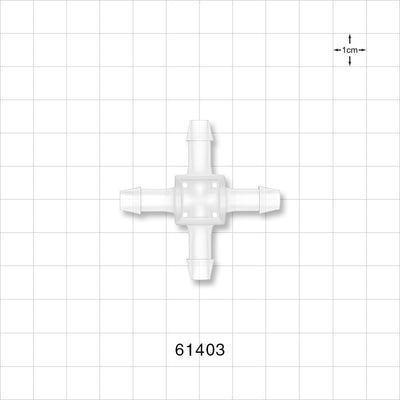 Cross Connector, Barbed - Fits 1/4 inch ID Tubing (0.25 inch, 6.35 mm) - 61403